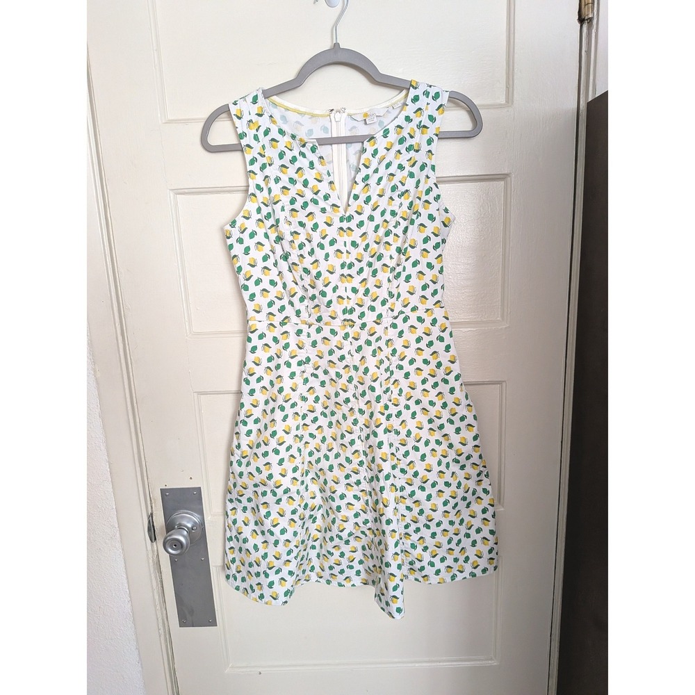 Boden Mischa Lemon Lime Print Fit and Flare Dress White Yellow Size 4P - Picture 2 of 7